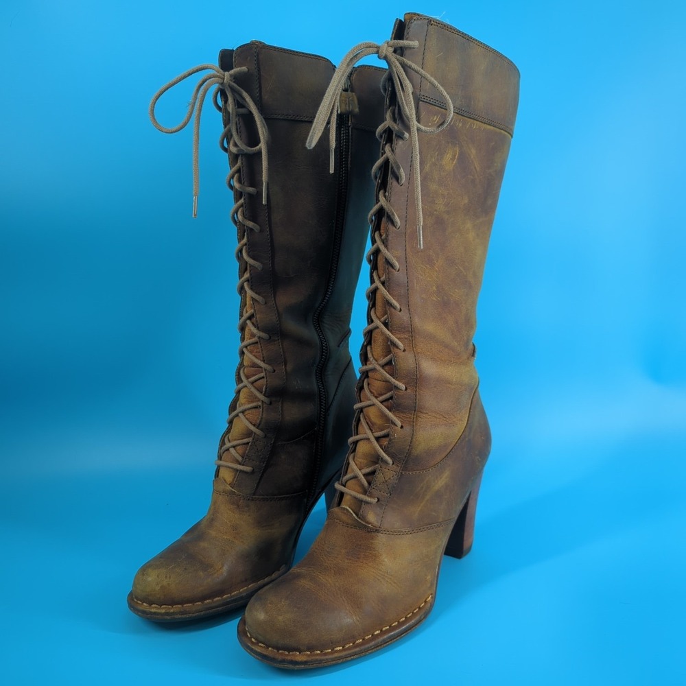 Frye Villager Lace 77610 Women's 8.5 M Brown Leather Tall Lace Up Boots With Box - Picture 8 of 15
